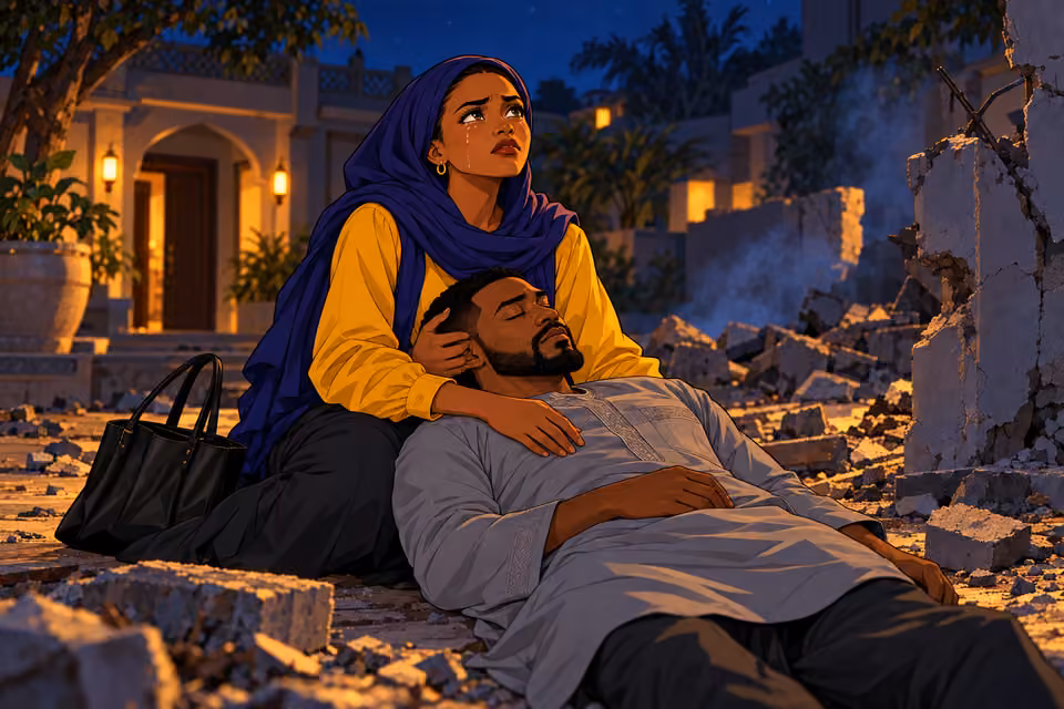 Cartoon illustration: Fatima holds Ibrahim and resolves to expose the truth.