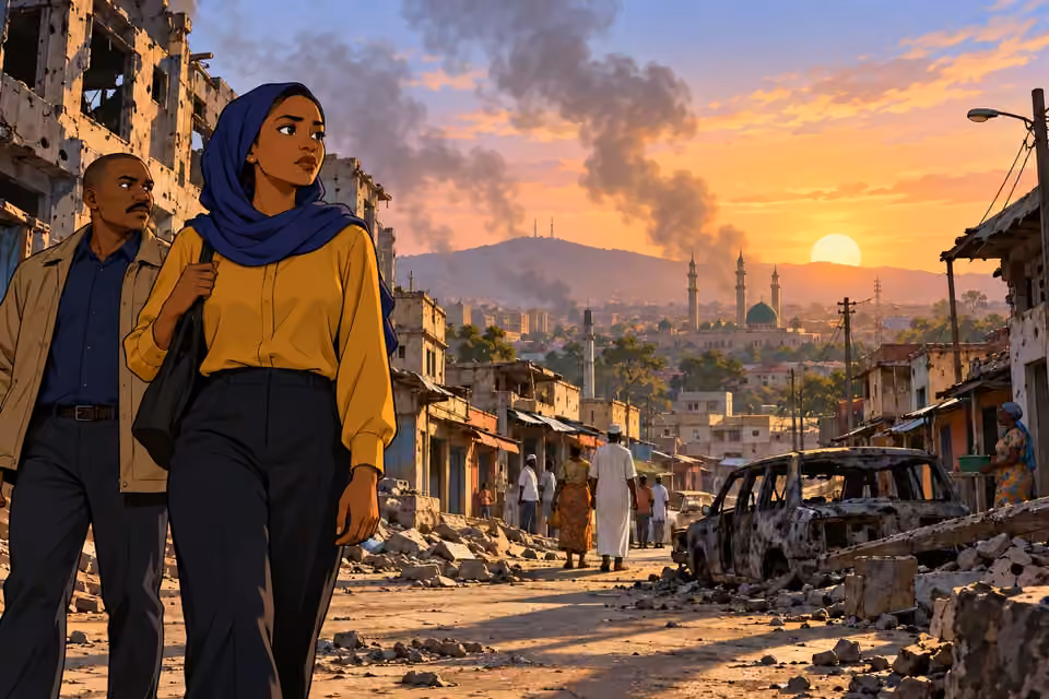 Cartoon illustration of Fatima and Inspector Bako looking across damaged Kaduna streets as the sun rises.