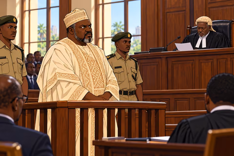 Cartoon illustration: Tanko faces justice in court for the conspiracy.