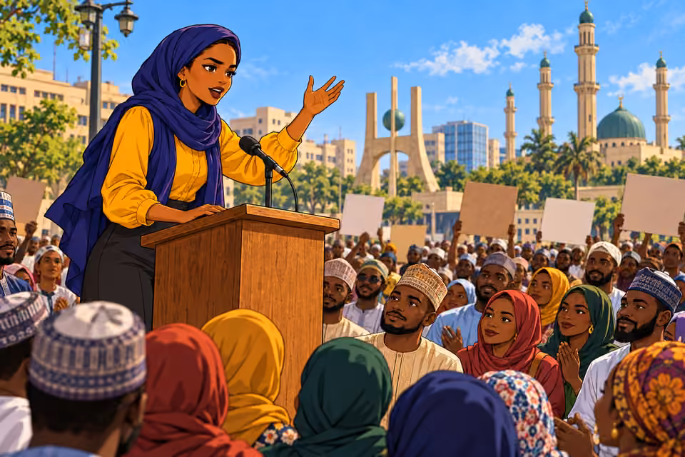 Cartoon illustration: Fatima’s reporting and speeches inspire a movement for accountability.