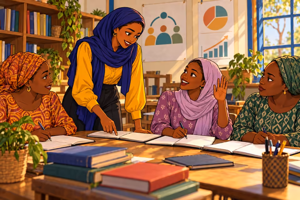 Cartoon illustration: Fatima supports women and education through her new organization.