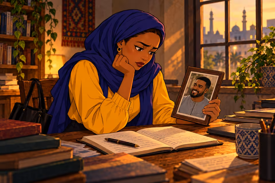 Cartoon illustration: Ibrahim’s memory renews Fatima’s determination.