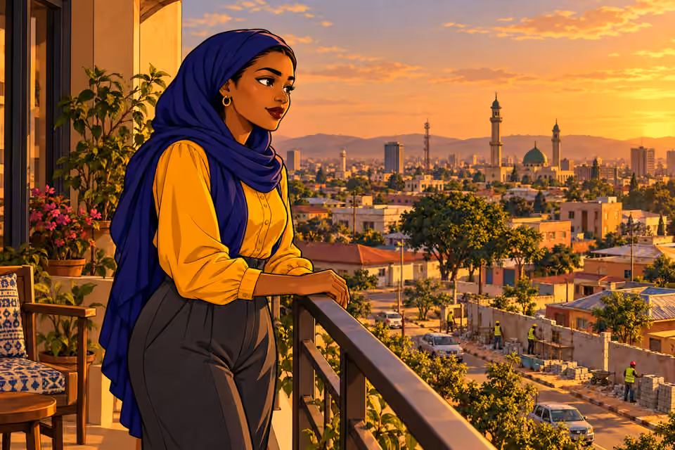 Cartoon illustration: Fatima surveys the recovering city from her balcony.