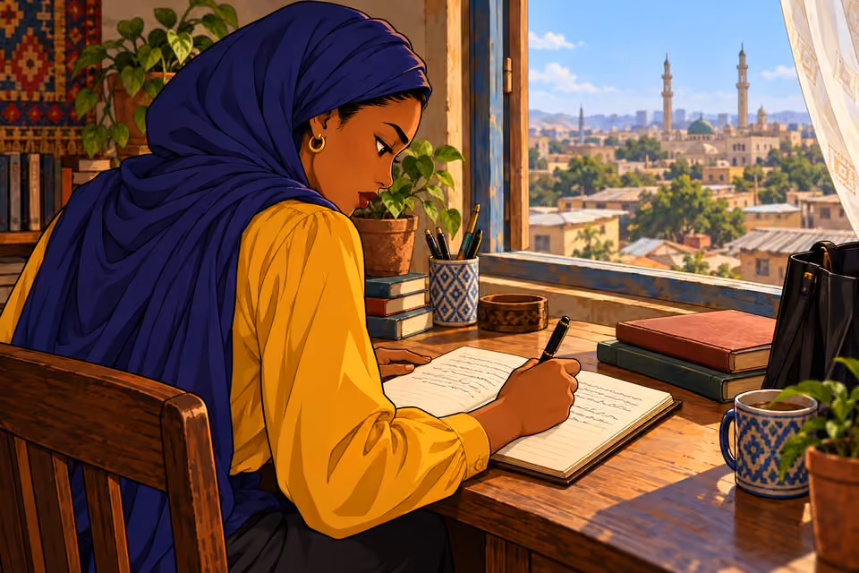 Cartoon illustration: Fatima continues writing for a more just future.