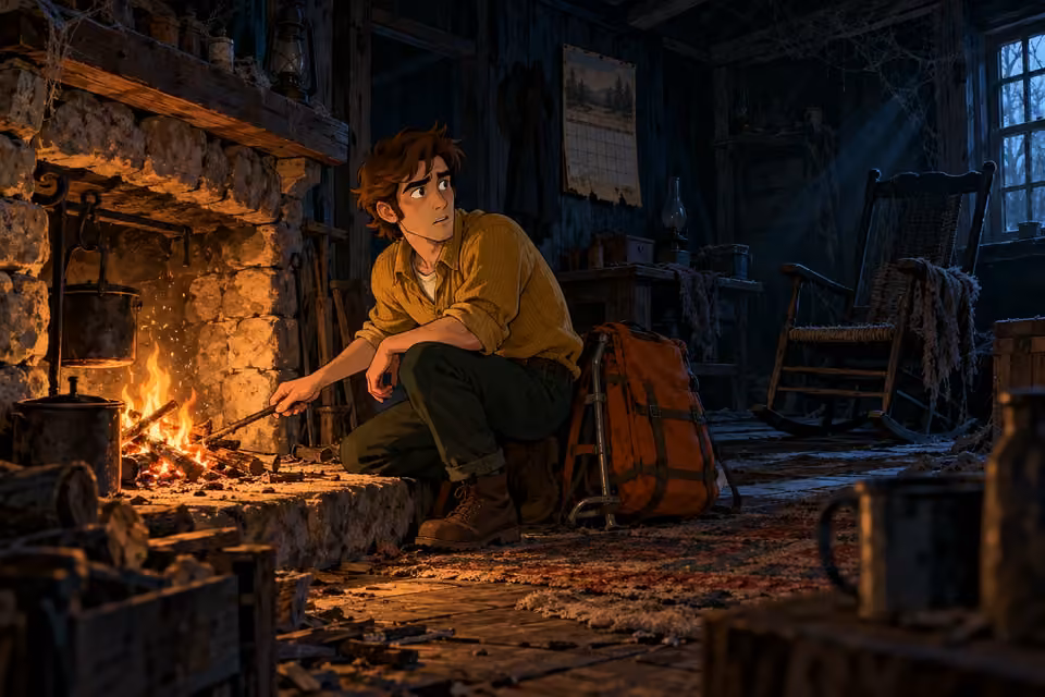 Mike builds a small fire in the dusty cabin beside an empty rocking chair.