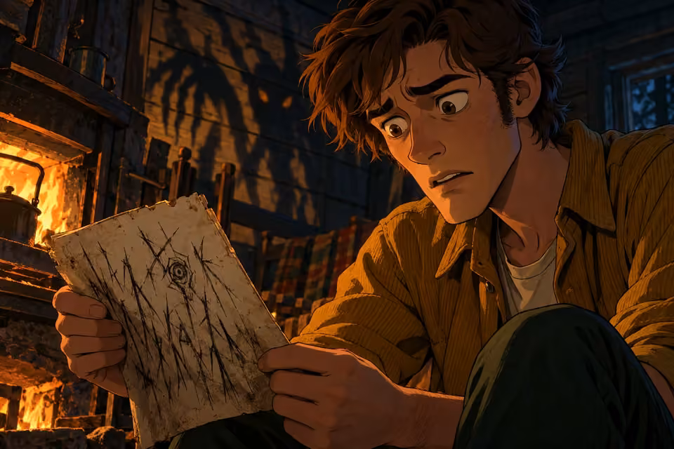 Mike studies the back of an old calendar as disturbing shadows gather behind him.