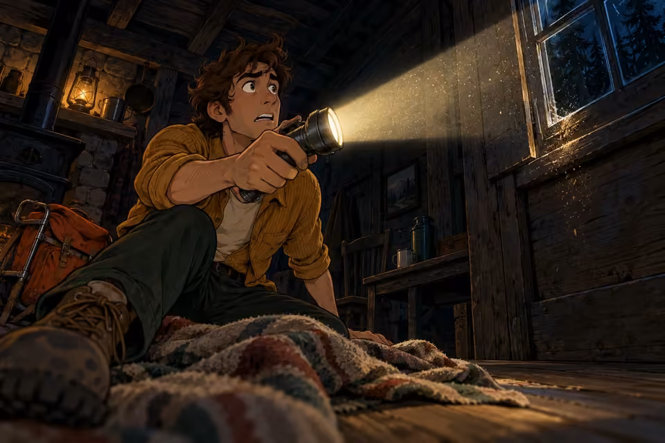 Mike jolts awake and aims his flashlight toward the cabin window.