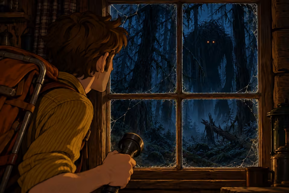 Ember-colored eyes watch Mike from the trees outside the dark cabin window.
