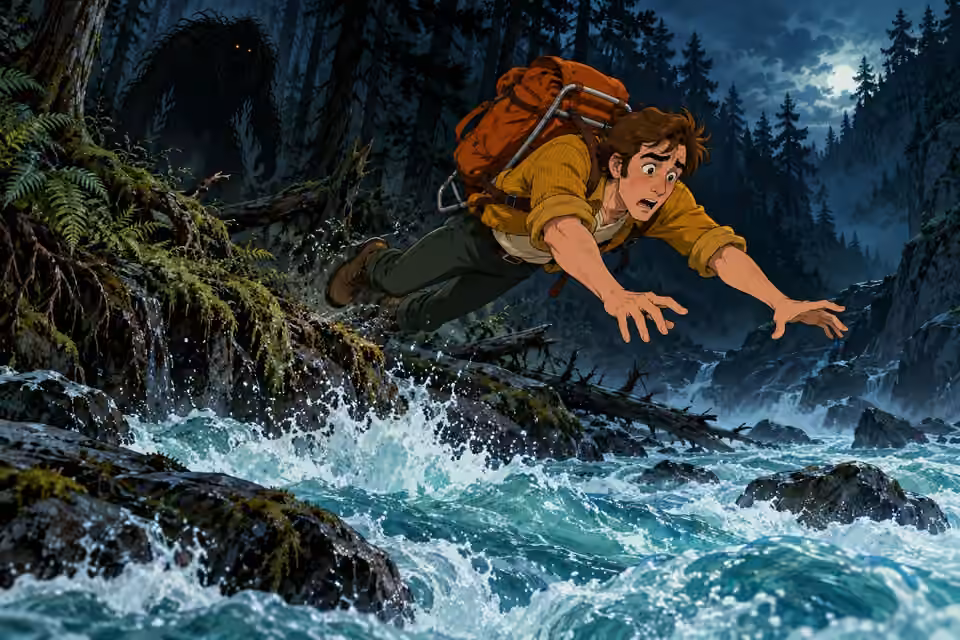 Mike plunges into a rushing river while a massive shadow follows through the woods.