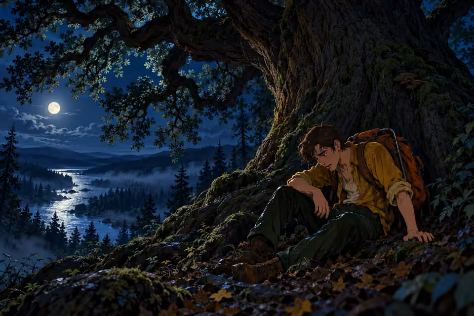 Soaked and exhausted, Mike collapses beneath the roots of a towering oak.