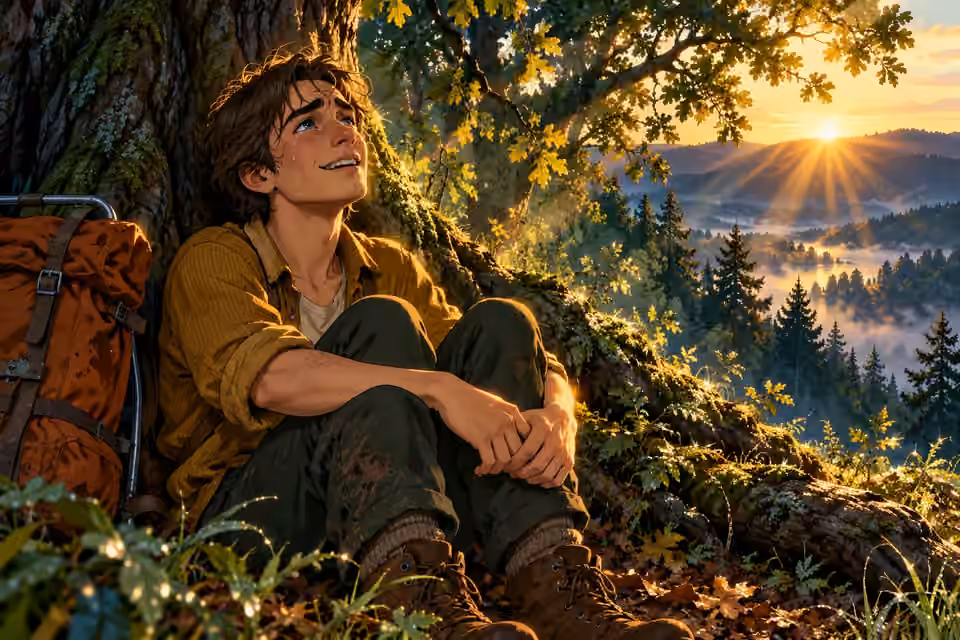 Mike greets the first golden sunlight with tears of relief beneath the oak.