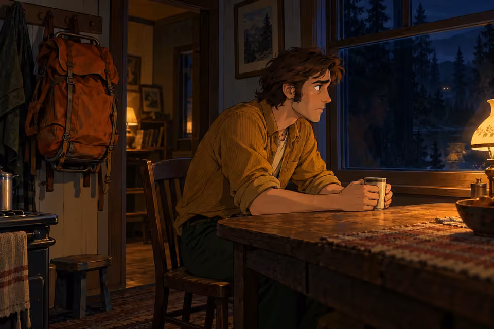 Years later, Mike sits alone with the memory of the woods while his backpack hangs unused.