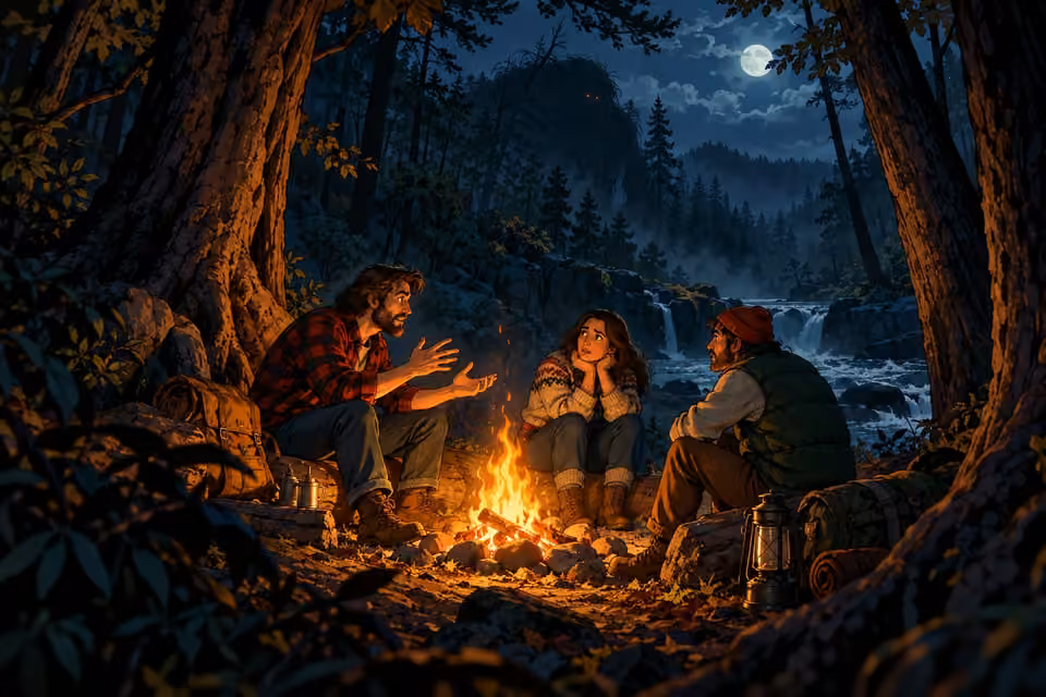 Campers whisper the Woodsman legend around a fire as an uncertain shape looms in the forest.