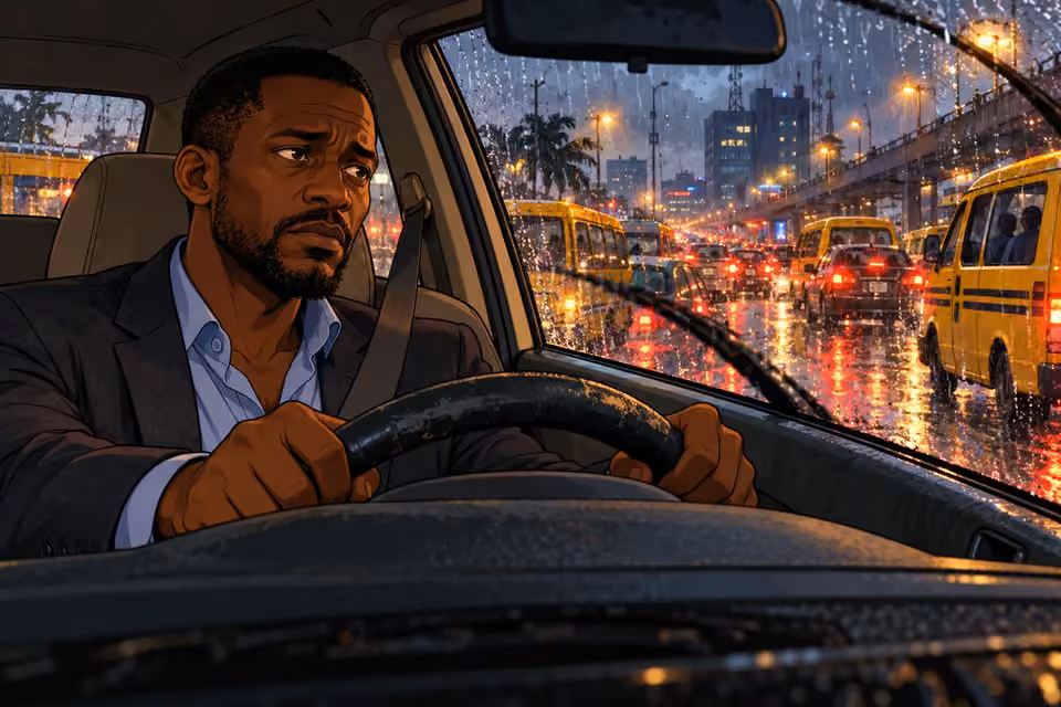 Marcus drives through heavy Lagos rain, preoccupied by debt.