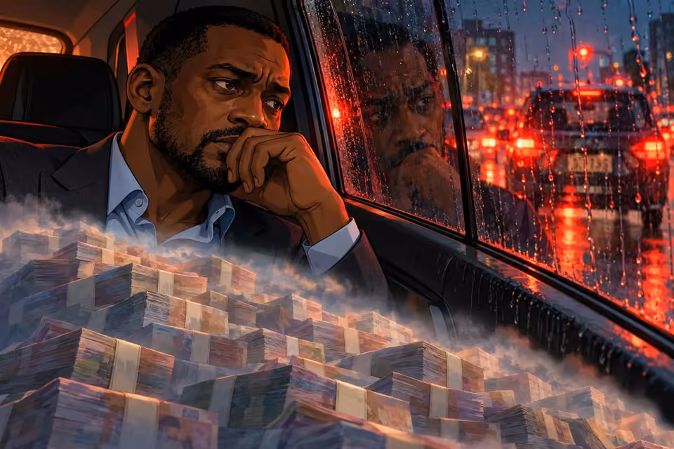 Marcus’s anxious reflection is overshadowed by a symbolic mountain of debt.