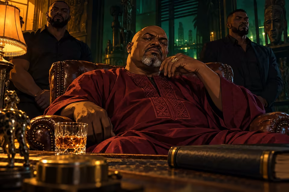 Baba Jide sits in his shadowy den with two imposing associates.