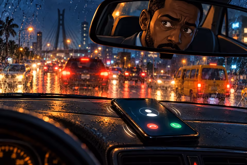 An incoming call startles Marcus at the wheel.