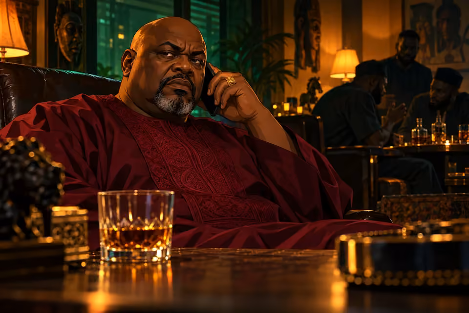 Baba Jide pauses on the phone amid murmuring associates and glasses.