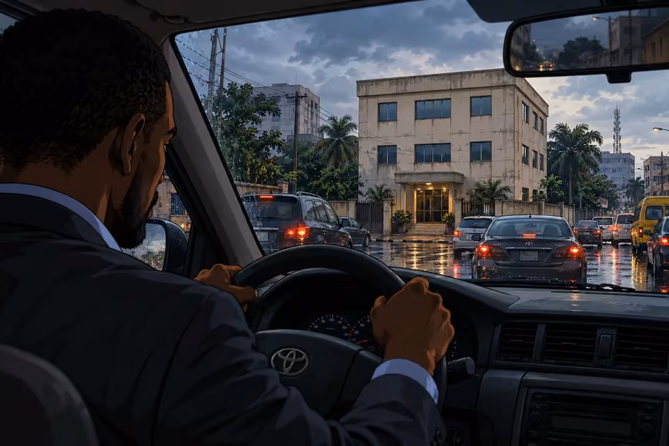 Marcus approaches the modest Ikeja building that houses his practice.