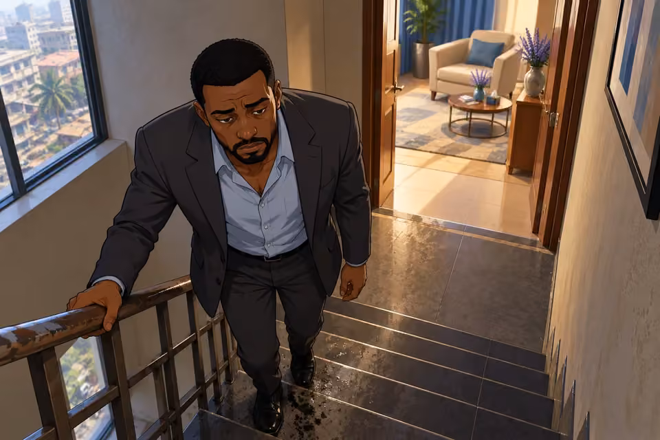 Marcus climbs to his therapy office, weighed down by exhaustion.