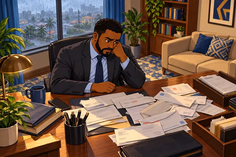 Marcus stares at the unpaid bills on his desk as drizzle taps the window.