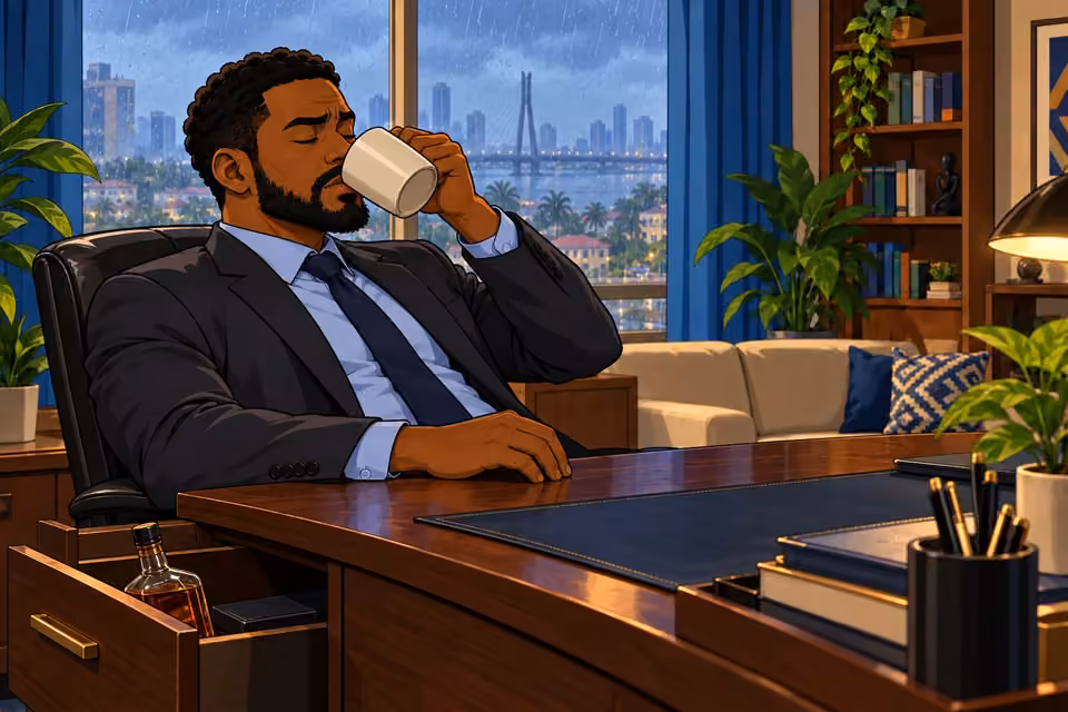 Marcus drinks whiskey from a mug beside the open desk drawer.