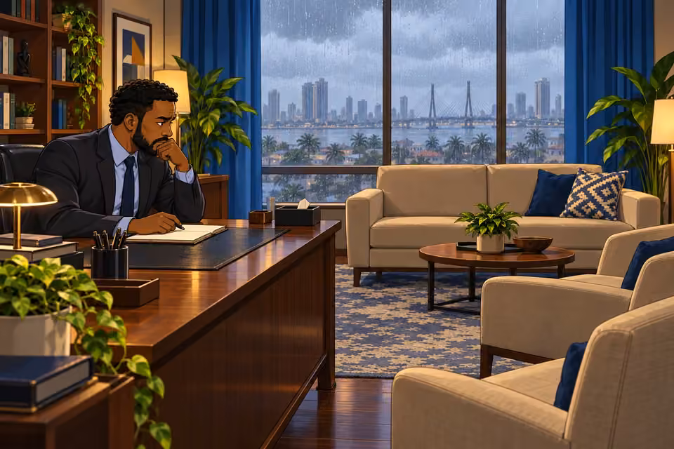 Marcus looks across the empty client seats in his struggling practice.
