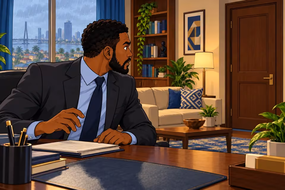 A knock draws Marcus’s attention to the closed office door.