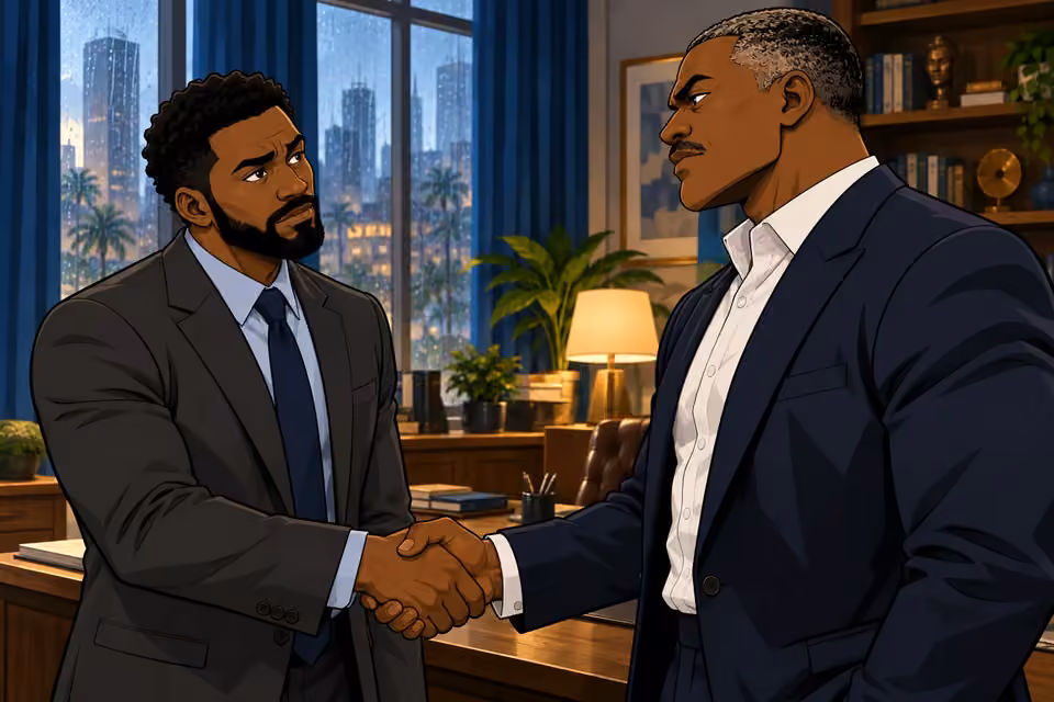 Marcus shakes Victor’s hand while wondering why he has come.