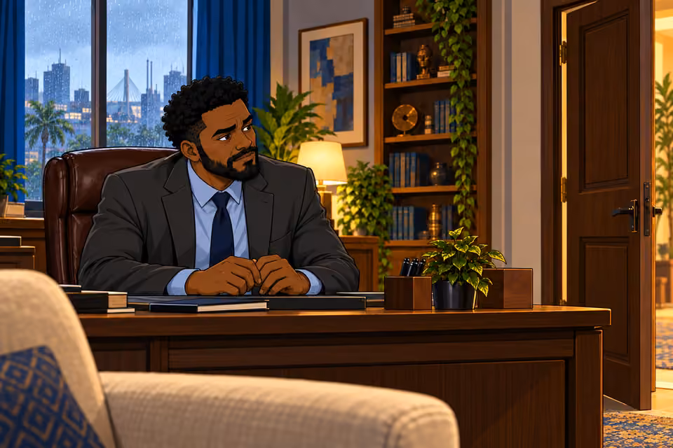 Marcus looks uneasily toward the empty office doorway.