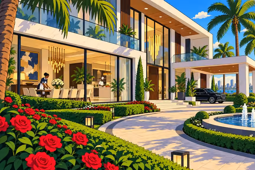 The sunlit Adebayo mansion rises behind immaculate rose gardens.
