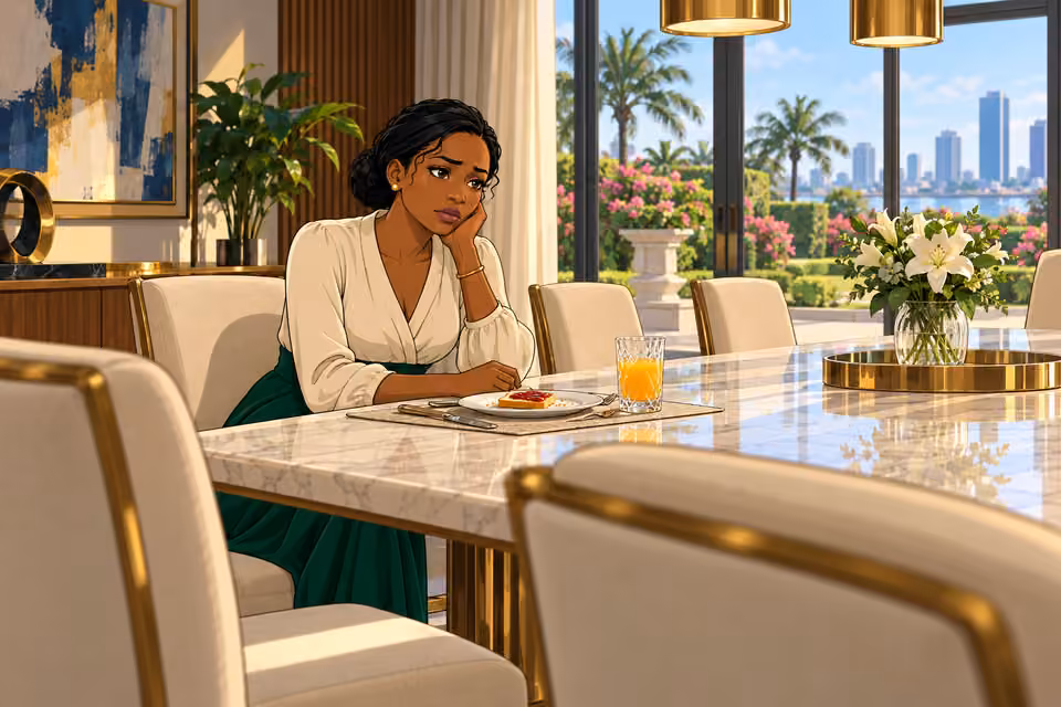 Claire sits distracted beside toast and orange juice.