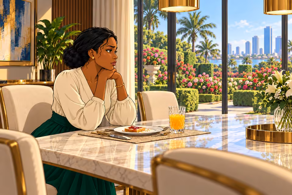 Claire looks from the dining table toward the manicured rose garden.