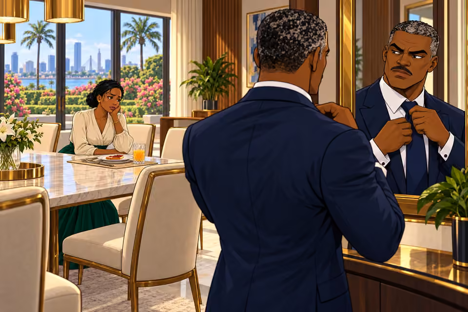 Victor adjusts his tie by the dining-room mirror as Claire sits at breakfast.