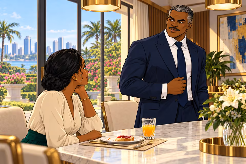 Victor greets Claire across the bright dining room.