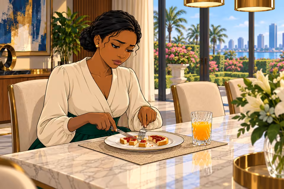 Claire cuts her toast into small pieces without looking up.