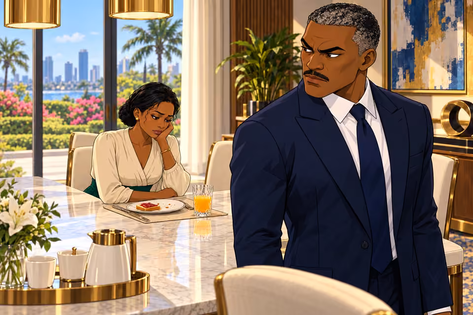 Victor frowns while Claire looks down at her breakfast.