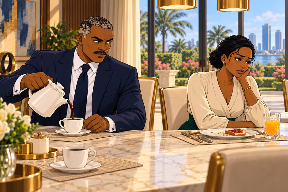 Victor pours coffee while watching Claire.