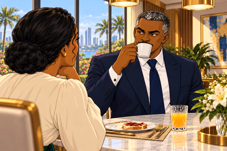 Victor takes a measured sip of coffee.