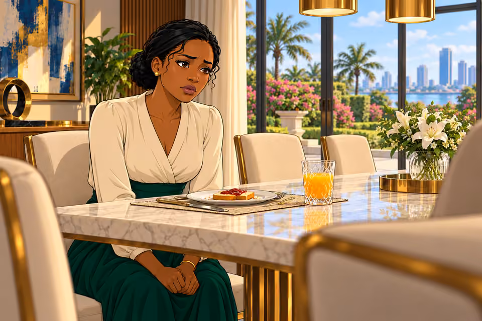Claire braces herself at the breakfast table.