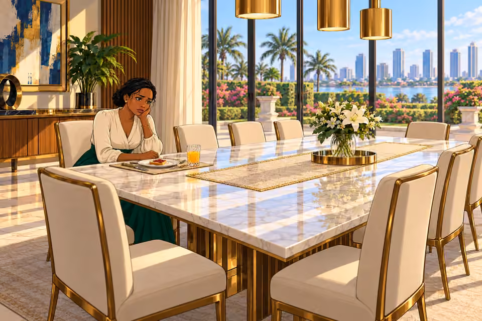 Claire sits unhappily at the end of the luxurious dining table.
