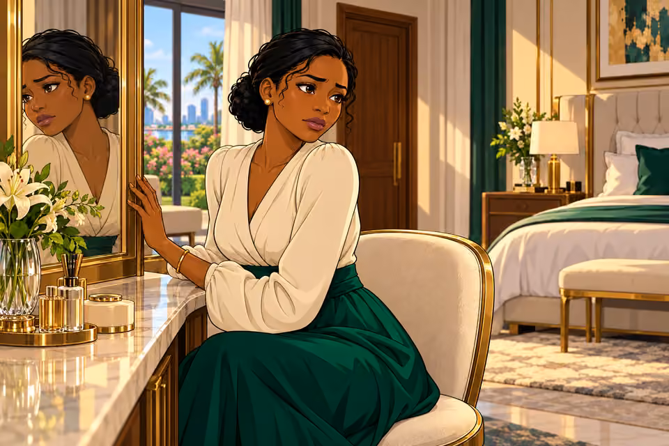 Claire pauses beside her vanity, lost in thought.