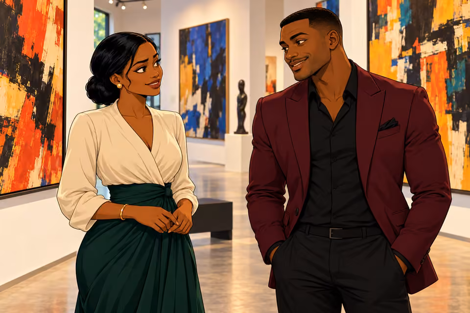 Claire and Daniel share a warm conversation at an art gallery.
