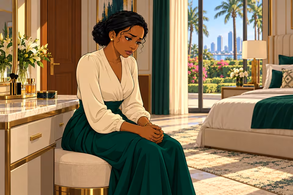 Claire sits by her vanity, remembering choices made under pressure.