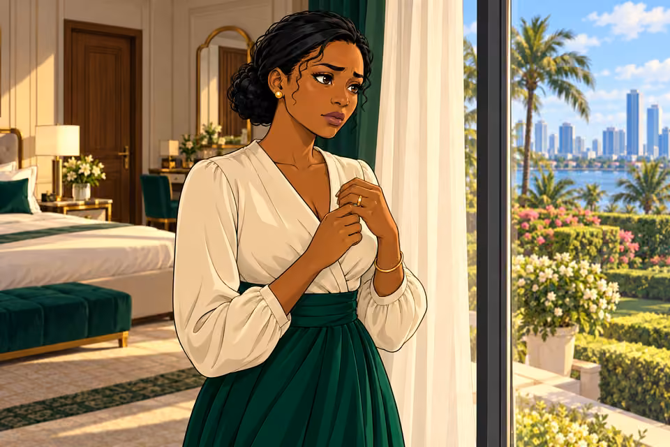 Claire turns her wedding ring while looking toward the garden.