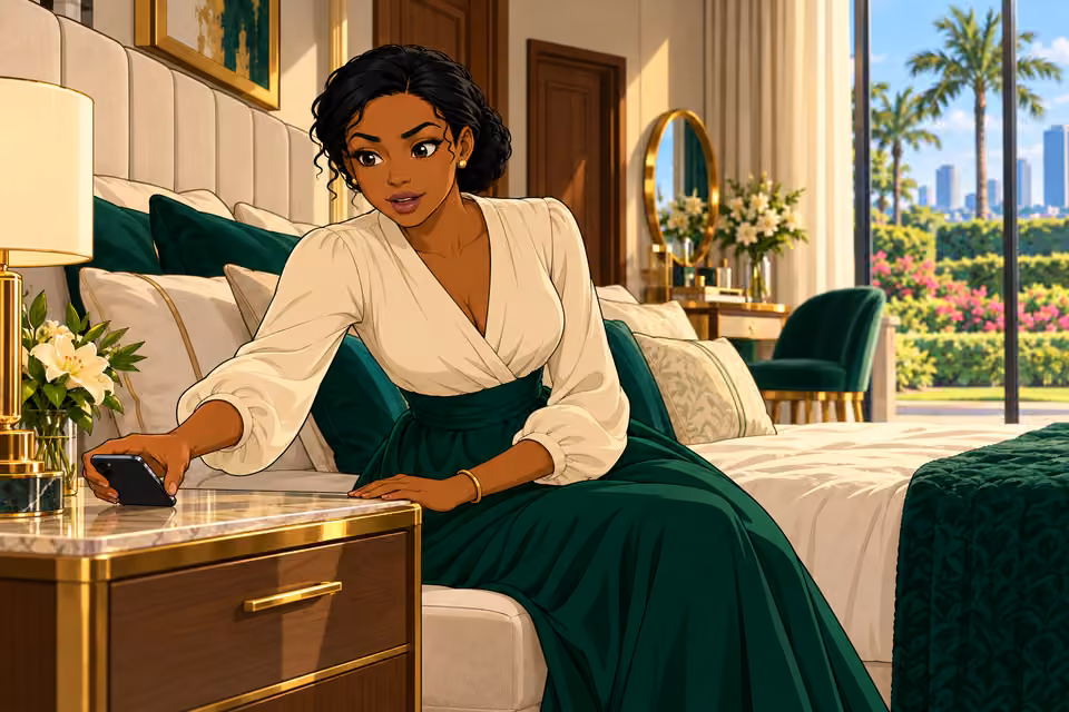 Claire picks up her phone from the nightstand.