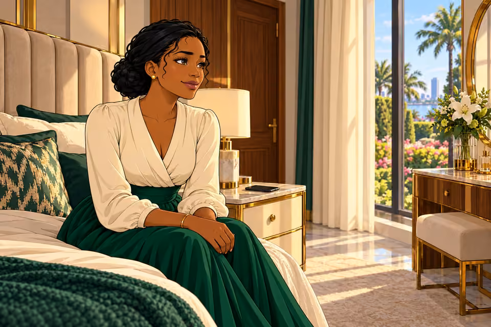 Claire looks toward the window with a faint hopeful smile.