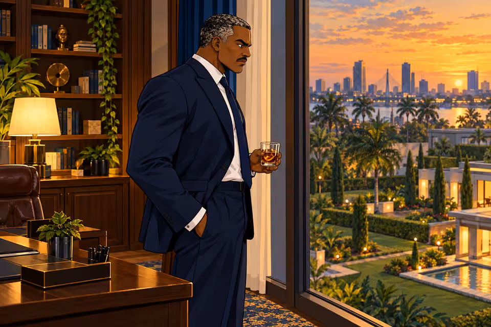 Victor swirls his whisky while watching the gardens from his study.