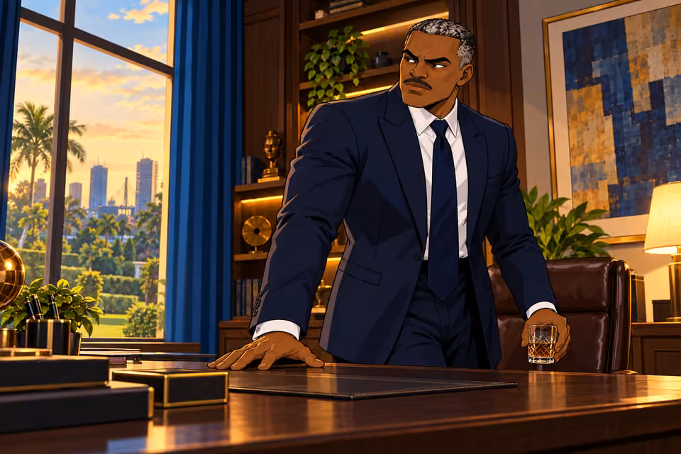 Victor stands rigidly beside his study desk with a drink in hand.