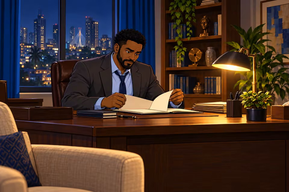 Marcus prepares notes at his desk late at night.